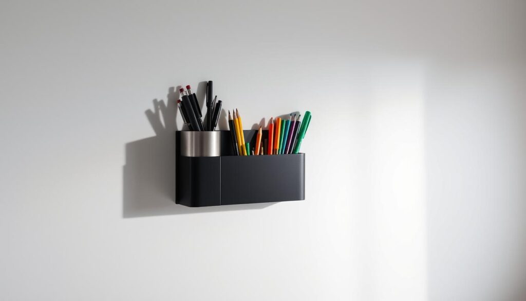 A sleek, modern wall-mounted pen holder made of brushed metal and matte black acrylic, designed to keep writing tools organized and within easy reach. The holder is mounted on a plain white wall, casting subtle shadows that accentuate its clean, minimalist lines. The arrangement features a variety of pens, pencils, and markers in complementary colors, neatly arranged for maximum efficiency. Soft, diffused lighting from an unseen source illuminates the scene, creating a calming, professional atmosphere ideal for a productive workspace. The overall composition emphasizes the utility and aesthetic appeal of this storage solution, perfectly suited to enhance the user's work productivity and desk organization.