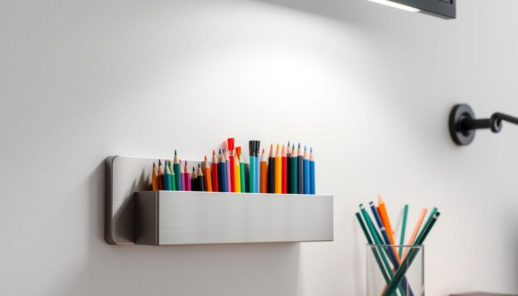 A sleek wall-mounted pen holder with a minimalist design, showcasing an assortment of colorful pens and pencils neatly arranged. The holder is made of brushed metal, with a matte finish that complements the desk's contemporary aesthetic. The pens are positioned at various angles, creating a visually appealing and organized display. Soft, diffused lighting from above illuminates the arrangement, highlighting the vibrant hues of the writing instruments. The overall composition conveys a sense of order and functionality, perfectly suited for the "タイプ別に見る壁掛けペンホルダーの特徴" section of the article.