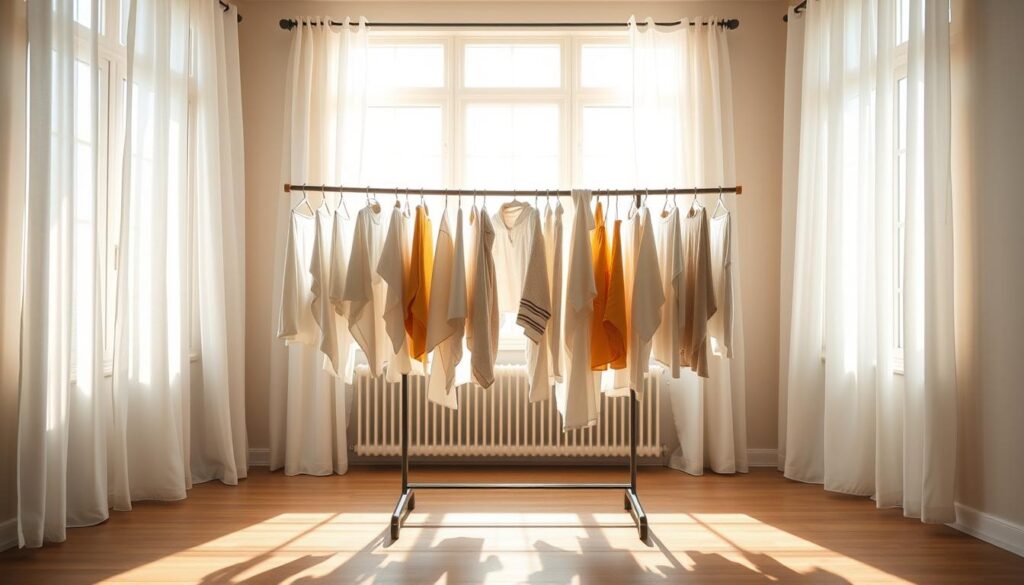 A spacious room bathed in warm, natural light from large windows. In the center, a drying rack stands with a variety of freshly washed clothes and linens hanging, their fabrics billowing gently in a soft breeze. Crisp white curtains frame the windows, allowing the sun to stream in and hasten the drying process. The atmosphere is calming and serene, with a sense of efficiency and organization. Soft shadows cast by the drying items create a visually interesting composition, while the overall scene conveys a feeling of a well-considered, practical solution for quickly drying laundry indoors.