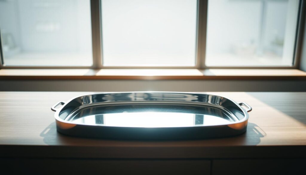 A stainless steel tray resting on a sleek, minimalist wooden surface, bathed in soft, diffused natural lighting filtering through a large window. The tray's smooth, mirror-like finish reflects the surrounding environment, creating a sense of depth and visual interest. The tray is positioned prominently, drawing the viewer's attention to its versatile design and functionality. The overall scene exudes a sense of order, simplicity, and the elegant integration of stainless steel storage into a modern, well-designed living space.