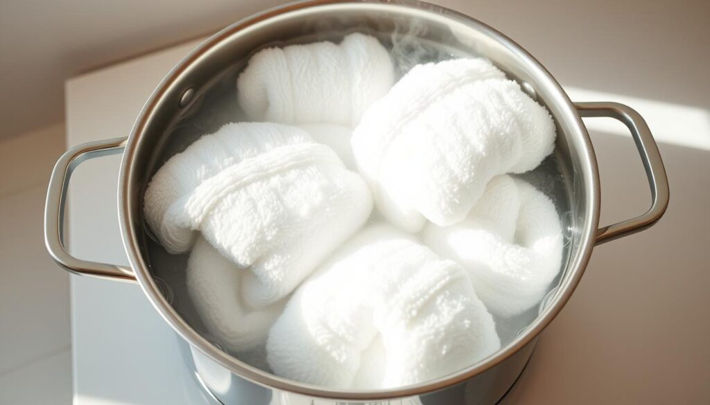 A steaming stainless steel pot filled with boiling water, surrounded by fluffy white bath towels. The towels are being submerged, their fibers glistening with heat and saturated with the disinfecting power of the scalding liquid. Bright, even lighting illuminates the scene, emphasizing the clarity and cleanliness of the process. The pot is placed on a sleek, modern countertop, hinting at a minimalist, spa-like bathroom setting. A sense of order, efficiency, and attention to hygiene pervades the image, capturing the essence of thoroughly sanitizing bath linens.