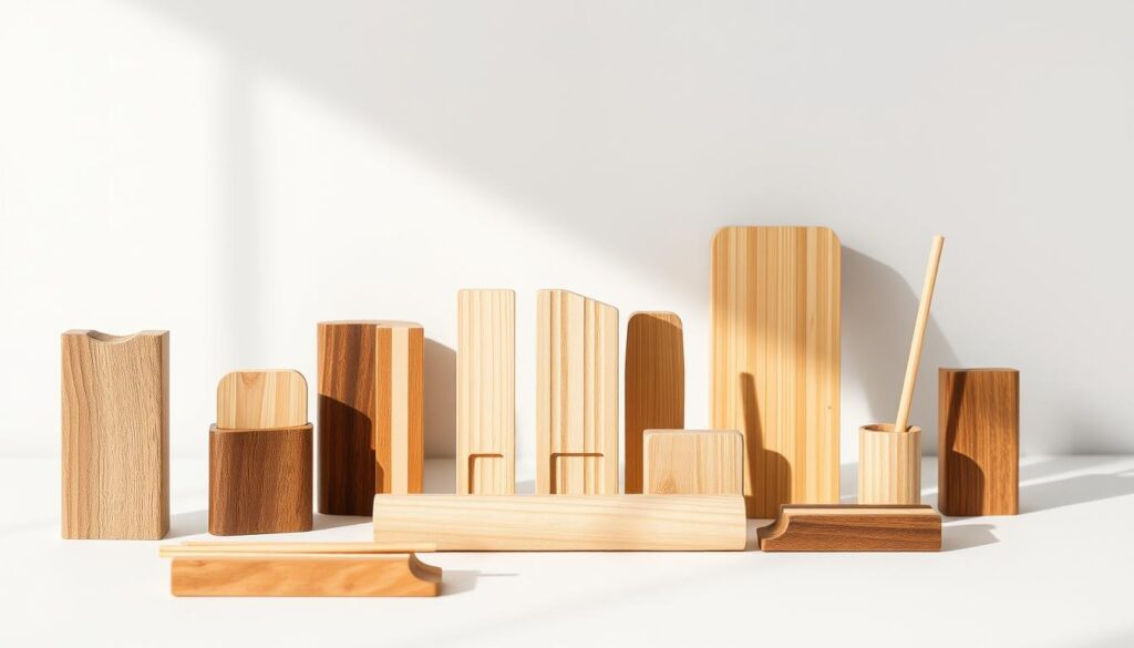 A still life arrangement showcasing an assortment of wooden chopstick rests against a minimalist background. The chopstick rests are crafted from various natural materials such as oak, maple, and bamboo, each with its own unique grain, texture, and subtle color variations. The items are meticulously positioned to highlight their individual characteristics and demonstrate the diverse options available for elevating a tabletop setting. Soft, directional lighting casts gentle shadows, emphasizing the tactile qualities of the wood. The overall composition exudes a sense of refined simplicity, inviting the viewer to imagine how these charming accessories could complement a range of dining experiences.