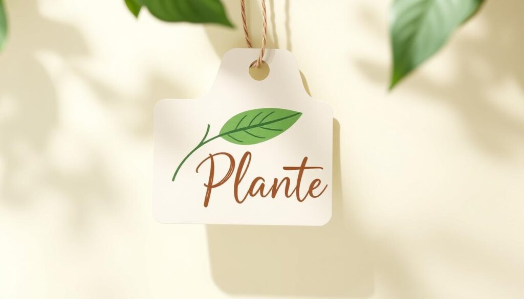 A stylized and whimsical plant tag design featuring a vibrant green leaf motif against a soft, pastel background. The tag has a minimalist, hand-drawn aesthetic with elegant cursive text in a warm, earthy tone. The overall composition evokes a sense of natural, botanical charm suitable for labeling and identifying houseplants or garden specimens. Subtle lighting from above casts gentle shadows, creating depth and dimension. The design is both functional and visually appealing, capturing the joy of caring for and displaying one's beloved plants.