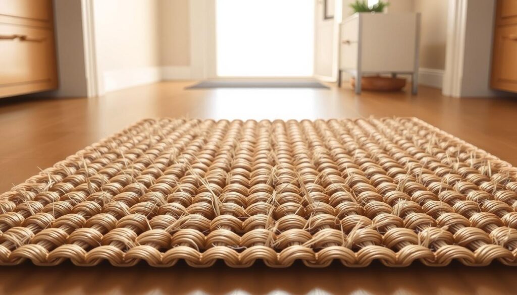 A stylized illustration of a doormat made of interlocking fibers, designed to trap dust and pet hair. The mat is placed in the foreground, with a clean and minimalist background to highlight its functionality. The fibers are rendered in a soft, natural palette, with light reflecting off the textured surface. The overall composition conveys a sense of simplicity and practicality, suitable for use in an entryway or mudroom. The image has a warm, inviting atmosphere, reflecting the convenience and usefulness of this household item.