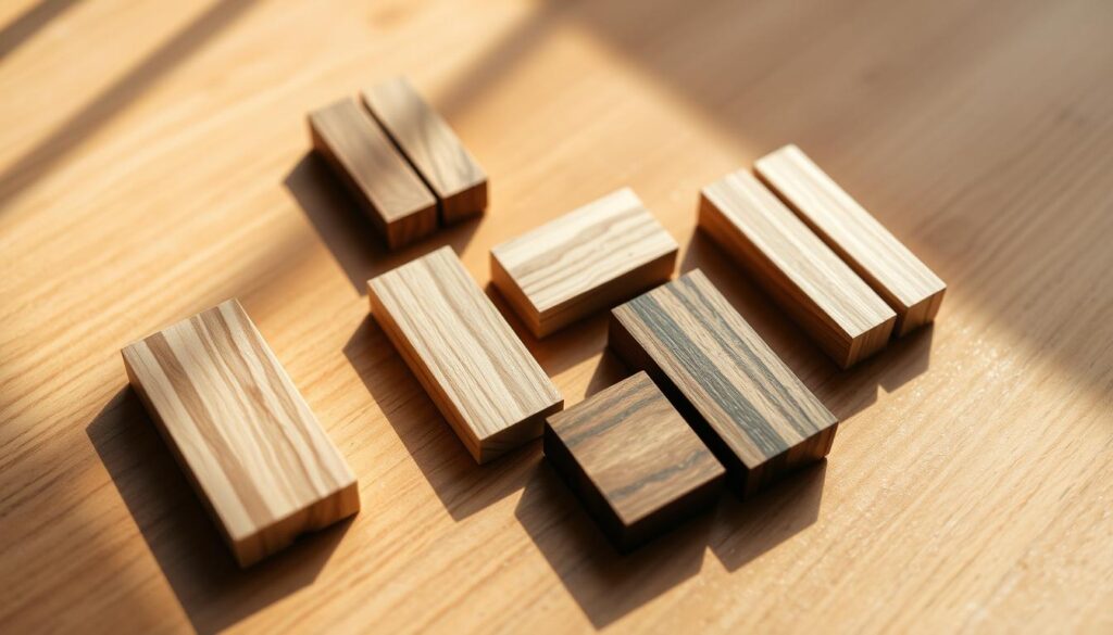 A tranquil, minimalist composition showcasing an assortment of handcrafted wooden chopstick rests. Placed on a warm-toned wooden surface, the chopstick rests display a variety of natural grains, textures, and tones, ranging from light maple to rich walnut. Subtle shadows and soft, diffused lighting accentuate the tactile, artisanal quality of the objects, inviting the viewer to appreciate the beauty in these small, functional details that elevate the dining experience. The overall atmosphere is one of understated elegance and appreciation for the craftsmanship of natural materials.