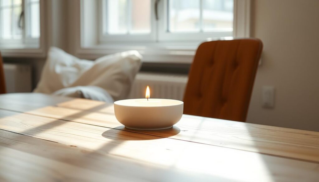 A vintage candle holder resting on a wooden table, its once-worn surface now revitalized with a modern matte white finish. Subtle gold accents accentuate the elegant silhouette, casting a warm glow from the flickering flame within. Soft natural light filters through nearby windows, illuminating the holder's refined, minimalist aesthetic. The overall scene exudes a sense of cozy refinement, inviting the viewer to imagine how this simple yet stylish piece could elevate a space.