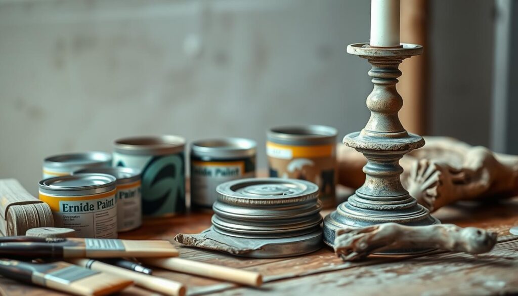 A vintage candlestick holder, its worn patina glistening under soft, natural lighting. Perched atop a rustic wooden surface, the holder's elegant curves and intricate details come into focus. The foreground showcases an assortment of simple craft supplies - paint brushes, sandpaper, and a few paint cans. In the middle ground, a collection of found objects, like a tarnished metal lid and a weathered piece of driftwood, suggest the potential for creative upcycling. The background fades into a softly blurred scene, hinting at the cozy, homespun atmosphere. This image captures the essence of reinventing everyday items through a mindful, DIY approach.