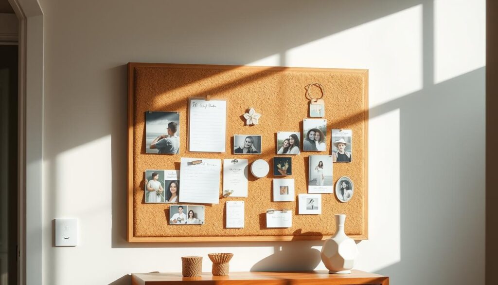 A well-crafted cork board hangs elegantly in a sun-dappled entryway, its rich, natural texture casting a warm, inviting glow. Arranged artfully with personal photos, notes, and small decorative items, it serves as a captivating focal point, seamlessly blending form and function. The lighting, slightly angled to accentuate the board's dimensional qualities, casts soft shadows that add depth and dimension. The overall composition conveys a sense of harmonious organization, reflecting the board's ability to both showcase and contain the owner's cherished keepsakes and reminders. This cork board, a modern interpretation of a timeless design, effortlessly elevates the entry, imbuing the space with a refined, yet approachable ambiance.