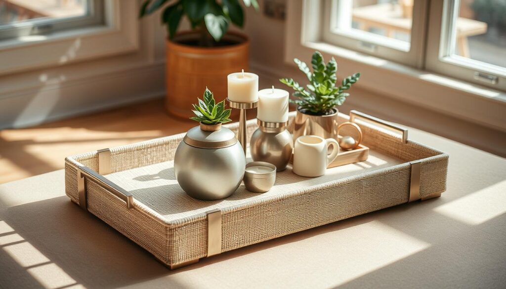A well-designed fabric tray showcased in a bright, natural-lit studio setting. The tray features a sophisticated mix of textures, including a soft, woven fabric body and sleek, metal accents. Carefully arranged decorative objects, such as potted plants, candles, and small trinkets, create a visually appealing and functional display. The composition is balanced, with a focus on the tray's elegant form and the harmonious arrangement of the accessories. The lighting casts warm, diffused shadows, enhancing the tactile qualities of the materials and the overall sense of coziness and refinement. The camera angle is positioned to showcase the tray's versatility and adaptability to different home decor settings.