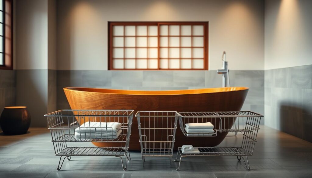 A well-lit and spacious Japanese-style bathroom, with a large traditional wooden bathtub taking center stage. The tub's polished surface reflects the warm, ambient lighting, creating a serene and relaxing atmosphere. In the foreground, a neatly arranged wire basket storage unit stands, showcasing its sleek, minimalist design and exceptional functionality for storing bath essentials. The background features a muted color palette, with soft gray tiles and a hint of a shoji screen, reinforcing the tranquil, spa-like ambiance. The overall composition emphasizes the harmony between traditional Japanese aesthetics and modern, practical storage solutions, perfectly capturing the essence of the article's subject.
