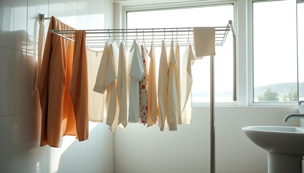 A well-lit bathroom interior with a large window overlooking a serene outdoor scene. A metal clothes drying rack stands prominently in the center, its chrome bars glistening as sunlight streams in. Delicate fabrics and garments hang gracefully, their soft colors and textures contrasting against the clean, minimalist tile and fixtures. The room has a calming, spa-like ambiance, with a sense of efficiency and organization. The angle showcases the clever use of space, highlighting how this simple setup can quickly dry clothes while preserving a tidy, uncluttered appearance.
