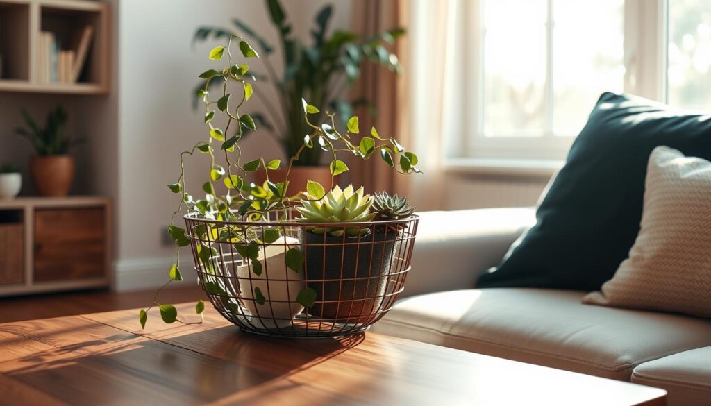 A well-lit, cozy living room scene with a wire mesh basket tastefully positioned on a wooden side table. The basket is filled with lush greenery, such as trailing vines and small potted succulents, creating a natural, earthy ambiance. Soft, warm lighting filters through a large window, casting gentle shadows and highlights across the scene. The overall composition is balanced and visually appealing, showcasing how a simple wire basket can be elevated to serve as a decorative accent piece that seamlessly blends into the room's decor. The scene exudes a sense of tranquility and effortless sophistication.