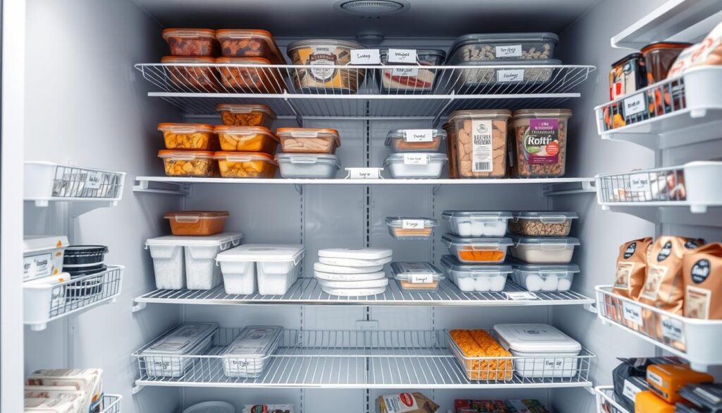 A well-organized and meticulously curated freezer interior, with strategic zoning and labeling for optimal storage and retrieval. Crisp, evenly lit shelves display a variety of frozen goods, from neatly stacked containers to individually wrapped portions. The layout follows a logical flow, with frequently used items accessible at eye level and less common goods stored above and below. Elegant metal wire racks and transparent containers create a sense of order and visibility, allowing the user to quickly identify contents. A neutral color palette, perhaps with touches of steel and frosted glass, conveys a clean, modern aesthetic. The overall impression is one of efficiency, organization, and a thoughtful approach to maximizing the utility of the freezer space.