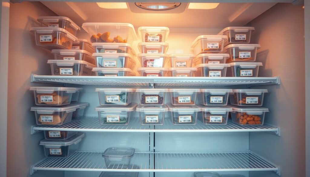 A well-organized and visually appealing freezer storage solution, featuring vertically stacked clear plastic containers neatly arranged on sleek steel shelves. Soft, natural lighting from above casts a warm glow, highlighting the efficient, minimalist design. The layout is both practical and aesthetically pleasing, with each container clearly labeled, allowing for easy identification of frozen items and their expiration dates. This scene embodies the principles of maximizing freezer space, maintaining organization, and promoting visibility - the key elements of an effective frozen food storage system.