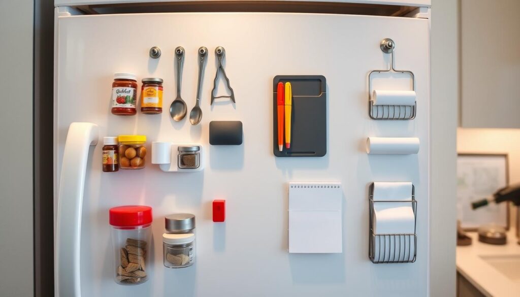 A well-organized refrigerator door with an array of practical magnetic storage solutions. In the foreground, a variety of everyday items like spice jars, cooking utensils, and small containers are neatly arranged on the door's surface, held in place by strong magnets. The middle ground features a few larger magnetic holders for documents, notes, and shopping lists. The background shows the clean, minimalist design of the refrigerator door, with a subtle lighting that creates a warm, inviting atmosphere. The overall scene conveys a sense of efficient organization and easy accessibility, perfectly suited for the article's topic of "マグネット収納のメリットと注意点をサクッと理解".
