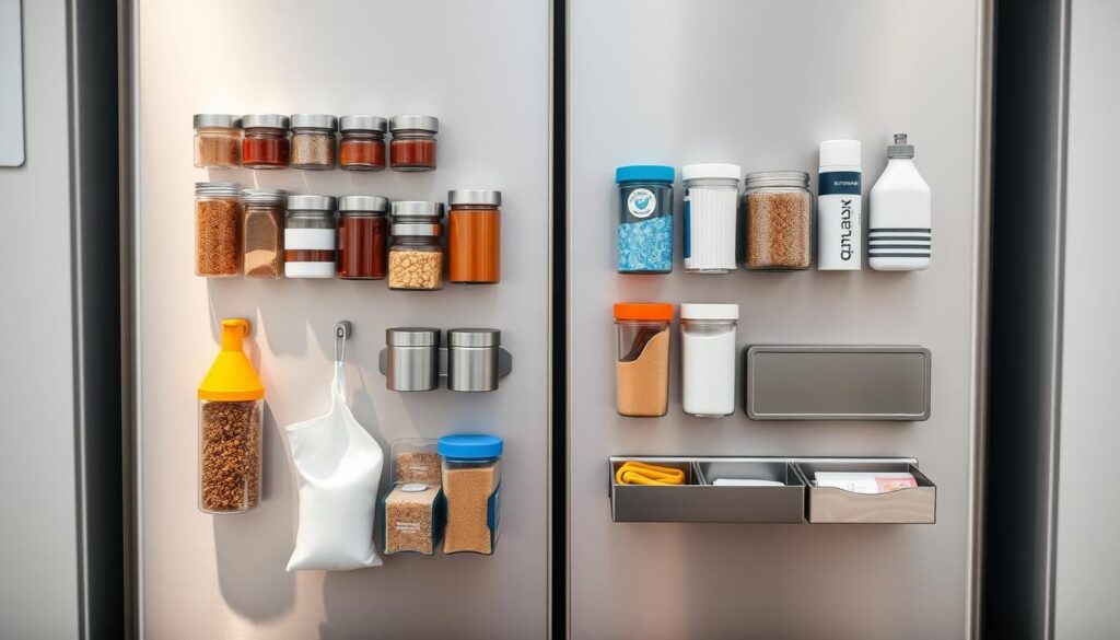 A well-organized refrigerator door with various magnetic containers and organizers neatly displaying commonly used household items. The door has a sleek, minimalist design with a matte finish, creating a modern and tidy aesthetic. The containers are arranged in a symmetrical grid pattern, allowing for easy visibility and accessibility. The containers come in a range of sizes and shapes, including small jars for spices, larger containers for cleaning supplies, and a few flat magnetic trays for holding small items. The lighting is soft and diffused, highlighting the organization and creating a calming, functional atmosphere. The overall composition conveys a sense of efficiency and practicality, with a focus on maximizing storage space and keeping frequently used items within easy reach.