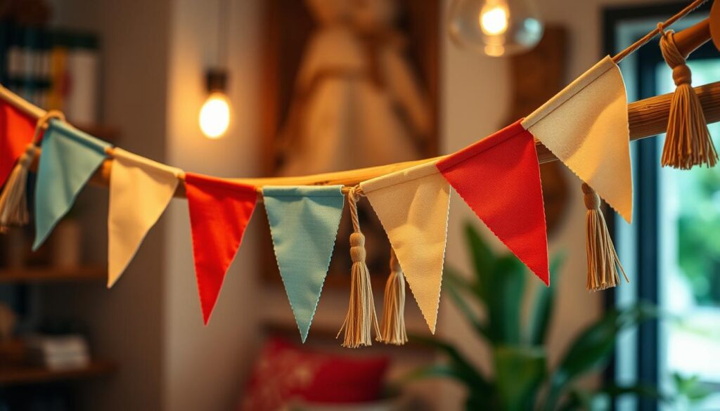 Delicate flags crafted from colorful fabrics gracefully adorn a wooden garland, creating a charming and inviting display. The flags are interspersed with tasseled accents, adding a touch of rustic elegance. The lighting is soft and warm, casting a cozy glow that enhances the natural textures of the wood and textiles. The arrangement is positioned in a way that suggests a serene and inviting atmosphere, perfectly suited for a cozy café-like setting. The overall composition is visually balanced, with the flags and tassels forming a harmonious visual rhythm that draws the eye across the frame.