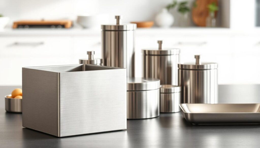 Stainless steel storage items, a sleek and modern solution for organized living. In the foreground, a square container with a minimalist design, its brushed metal surface reflecting the soft lighting. Surrounding it, an array of complementary pieces - a cylindrical canister, a rectangular tray, and a small dish, all crafted with the same precision and attention to detail. The middle ground showcases the versatility of these storage items, seamlessly blending into a contemporary kitchen or living space. In the background, a clean, airy environment with hints of natural elements, emphasizing the timeless appeal of these stainless steel accents. Captured with a sharp, high-resolution lens, the image conveys a sense of order, elegance, and functionality - the perfect representation of why stainless steel storage items are a preferred choice for discerning homes.