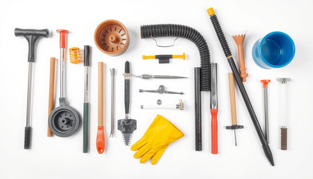 a neatly organized arrangement of various tools and implements commonly used for cleaning and unclogging drains and sewers, including a plunger, a drain snake or auger, a bucket, rubber gloves, and other related items, all photographed against a plain white background with soft, even lighting to showcase the items clearly and make them the focus of the image