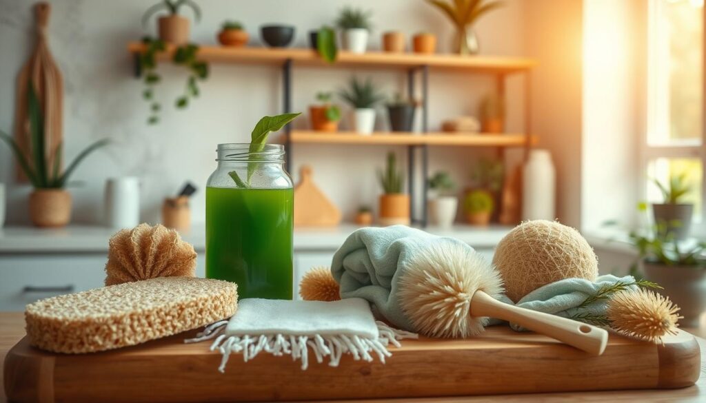 A bright and airy kitchen scene showcasing a variety of homemade cleaning tools. In the foreground, an assortment of natural sponges, reusable cloths, and handcrafted brushes made from bamboo and plant fibers sit atop a wooden cutting board. In the middle ground, a glass jar filled with a green, eco-friendly cleaning solution casts a soft glow, complemented by the warm natural lighting streaming in through the window. In the background, simple, minimalist shelving displays a collection of potted plants and other sustainable household items, creating a calming, environmentally-conscious atmosphere. The overall scene emphasizes the beauty, effectiveness, and environmental benefits of DIY cleaning tools.