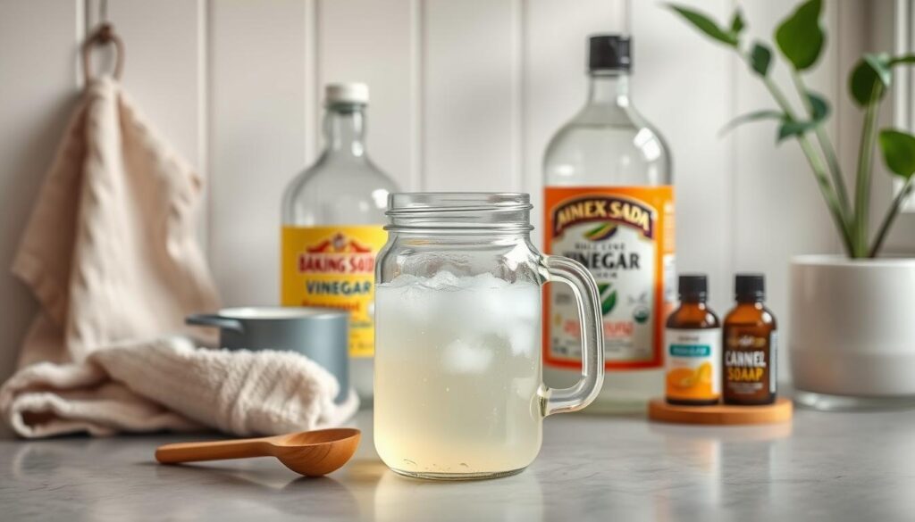 A clean, well-lit kitchen countertop with a variety of common household ingredients arranged neatly. In the foreground, a glass jar filled with a transparent, lightly bubbling cleaning solution, accompanied by a small measuring cup and a wooden spoon. In the middle ground, a selection of natural cleaning agents such as baking soda, vinegar, castile soap, and essential oils. The background features simple kitchen items like a hand towel, a spray bottle, and a few plant leaves, creating a calming, natural atmosphere. The lighting is soft and diffused, emphasizing the simplicity and effectiveness of these homemade cleaning solutions.
