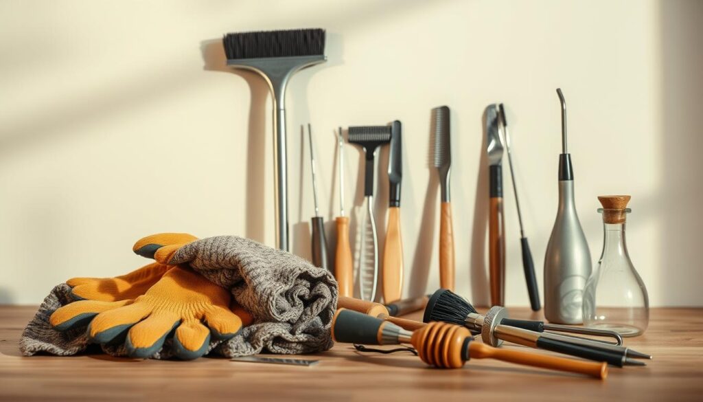 A detailed still life scene showcasing a collection of everyday household items repurposed as effective cleaning tools. In the foreground, a pair of sturdy work gloves, a rag, and a pair of sheer stockings are arranged artfully, hinting at their function as specialized cleaning implements. The middle ground features an assortment of these homemade tools, each designed to tackle tight spaces and intricate details. Soft, directional lighting casts warm shadows, highlighting the textures and forms of the objects. The background is a minimalist, neutral setting, allowing the crafted cleaning tools to take center stage. The overall composition conveys a sense of ingenuity, practicality, and a touch of whimsy, embodying the theme of transforming common household items into specialized cleaning solutions.