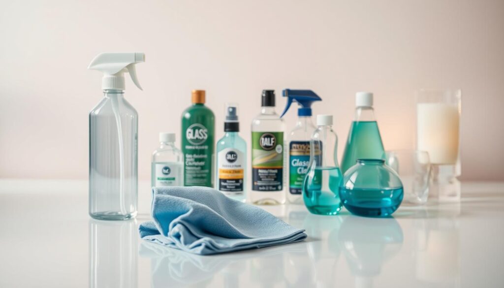 A well-lit still life featuring a variety of glass cleaning tools and products arranged neatly on a sleek, minimalist surface. In the foreground, a spray bottle, microfiber cloths, and a glass polishing cloth take center stage. The middle ground showcases an assortment of specialized glass cleaners, while the background subtly depicts a few decorative glass objects, such as a vase or a candle holder, to reinforce the theme. The lighting is soft and diffused, creating a warm, inviting atmosphere that highlights the transparency and shine of the glass items. The composition is balanced, with a focus on the practical yet stylish nature of the recommended glass care accessories.