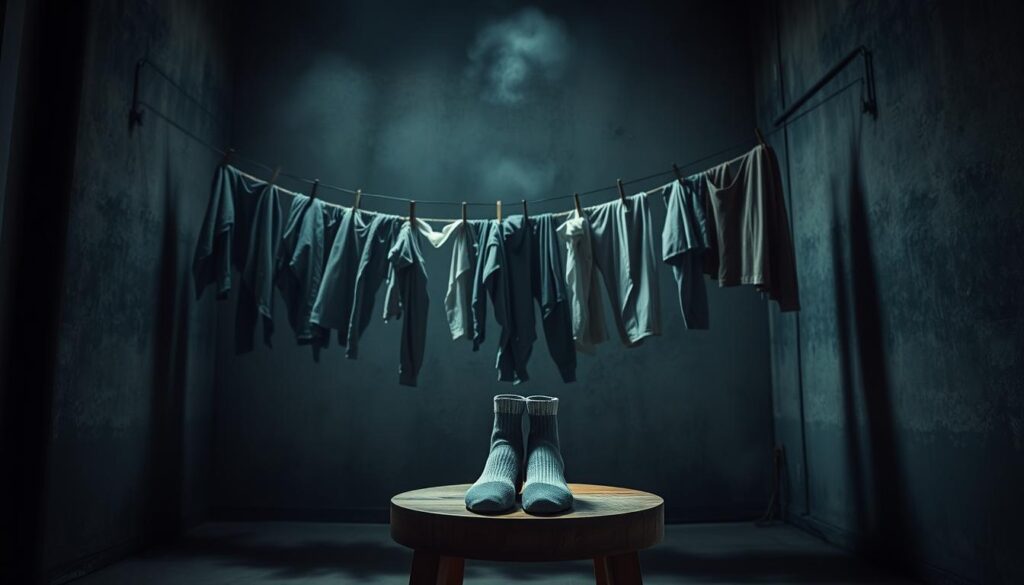 A dimly lit room interior, with a clothesline strung across the center, laden with damp, wrinkled clothing. The air is heavy with a musty, stale odor, as if the room has been sealed off for too long. The walls are a dingy, graying color, and a faint film of dust covers the surfaces. In the foreground, a pair of soggy socks sits on a wooden stool, their pungent aroma wafting through the stagnant atmosphere. The lighting is soft and muted, casting long shadows that accentuate the sense of stagnation and neglect. The scene evokes a feeling of neglect and a lack of proper ventilation, reflecting the root causes of the unpleasant "room-dried" odor. A dimly lit room interior, with a clothesline strung across the center, laden with damp, wrinkled clothing. The air is heavy with a musty, stale odor, as if the room has been sealed off for too long. The walls are a dingy, graying color, and a faint film of dust covers the surfaces. In the foreground, a pair of soggy socks sits on a wooden stool, their pungent aroma wafting through the stagnant atmosphere. The lighting is soft and muted, casting long shadows that accentuate the sense of stagnation and neglect. The scene evokes a feeling of neglect and a lack of proper ventilation, reflecting the root causes of the unpleasant "room-dried" odor.