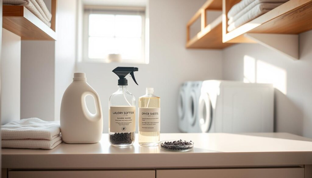 A minimalist, well-organized laundry room with clean white walls and wooden shelving. On the counter, an assortment of laundry-related items is neatly arranged - fabric softener, dryer sheets, a spray bottle filled with a natural fabric freshener, and a small bowl of dried lavender. Soft, natural lighting filters in through a window, casting a warm, inviting glow. The scene conveys a sense of order, efficiency, and a focus on using natural, fragrant ingredients to maximize the freshness of the laundry. The overall mood is calming and elegant. A minimalist, well-organized laundry room with clean white walls and wooden shelving. On the counter, an assortment of laundry-related items is neatly arranged - fabric softener, dryer sheets, a spray bottle filled with a natural fabric freshener, and a small bowl of dried lavender. Soft, natural lighting filters in through a window, casting a warm, inviting glow. The scene conveys a sense of order, efficiency, and a focus on using natural, fragrant ingredients to maximize the freshness of the laundry. The overall mood is calming and elegant.