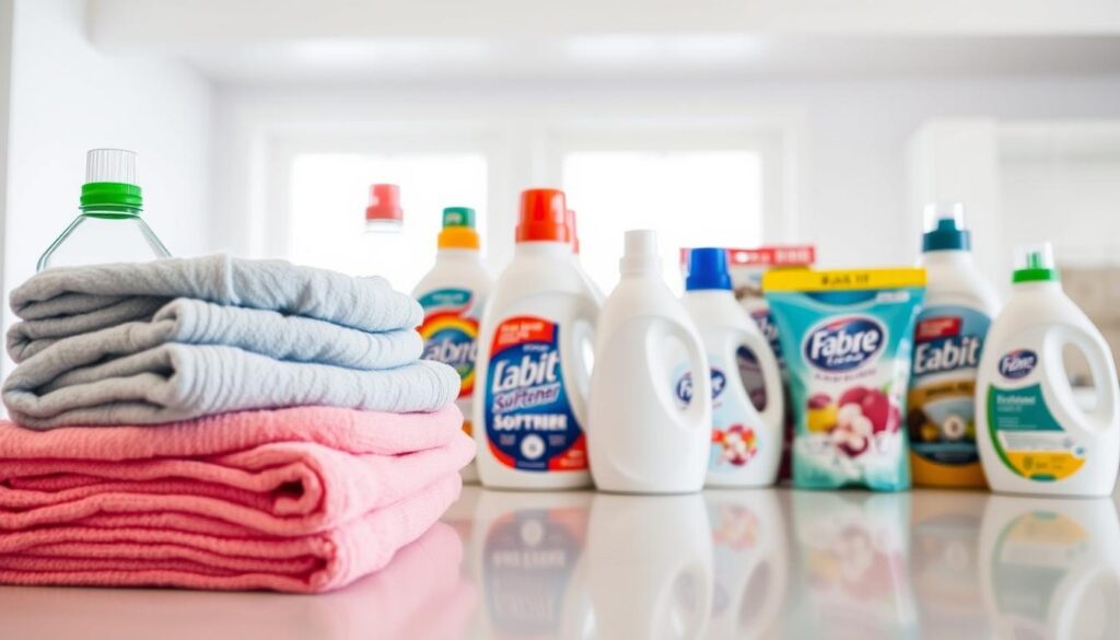 A well-lit kitchen counter with various fabric softener bottles and packages arranged neatly. In the foreground, a stack of freshly laundered towels and clothes, their vibrant colors and softness evident. The middle ground showcases a variety of softener options, each with distinct packaging and scents, inviting the viewer to consider their options. The background features a clean, minimalist space, allowing the products to take center stage. The overall composition conveys a sense of organization, care, and the importance of selecting the right fabric softener to revive the pleasant aroma of laundry. A well-lit kitchen counter with various fabric softener bottles and packages arranged neatly. In the foreground, a stack of freshly laundered towels and clothes, their vibrant colors and softness evident. The middle ground showcases a variety of softener options, each with distinct packaging and scents, inviting the viewer to consider their options. The background features a clean, minimalist space, allowing the products to take center stage. The overall composition conveys a sense of organization, care, and the importance of selecting the right fabric softener to revive the pleasant aroma of laundry.